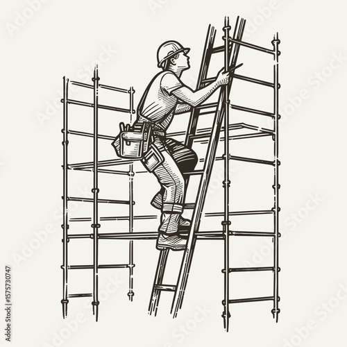 A American Worker climbing scaffolding ladder. Career Job Profession Occupation Employment Work Clipart Line Art Vector Illustration. Usa jobholder ascending framework access platform.