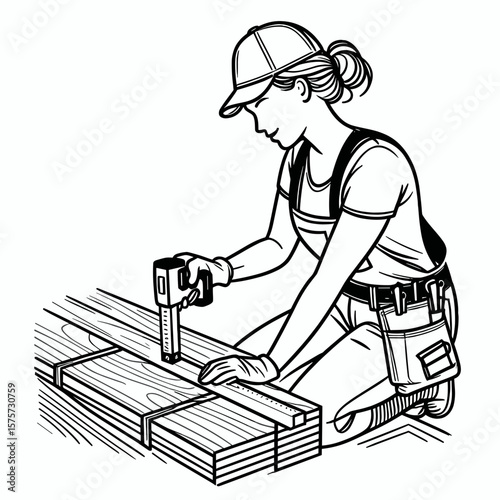 A American Worker measuring wood plank. Career Job Profession Occupation Employment Work Clipart Line Art Vector Illustration. United states employee checks lumber piece size for carpentry.