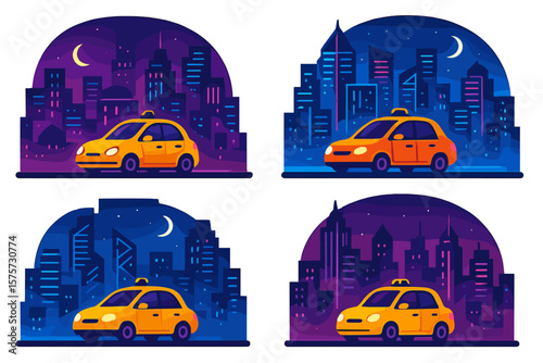 Urban night taxi service in a vibrant cityscape featuring colorful imagery and city lights