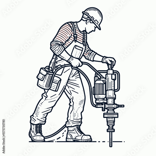 A American Worker operating jackhammer machine. Career Job Profession Occupation Employment Work Clipart Line Art Vector Illustration. Usa laborer using demolition drill device for road.