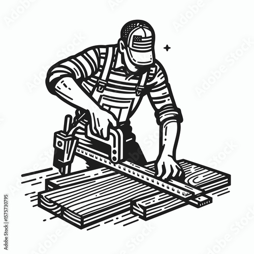 A American Worker measuring wood plank. Career Job Profession Occupation Employment Work Clipart Line Art Vector Illustration. Usa employee using tool for size check on lumber board.