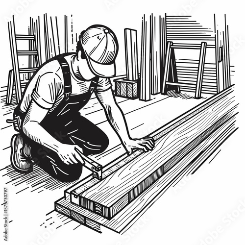 A American Worker measuring wood plank. Career Job Profession Occupation Employment Work Clipart Line Art Vector Illustration. Usa jobholder sizing lumber board carpentry task construction.