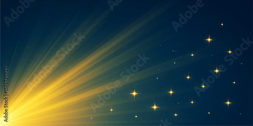 Blue background with glowing yellow sunburst rays and sparkles in abstract design