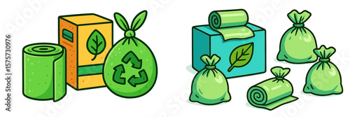 Recycling materials and eco-friendly waste management supplies displayed in a spacious setting