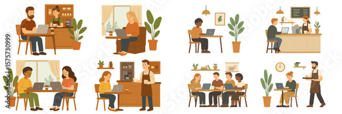 Creative individuals engage in collaborative work and leisurely moments in a vibrant coffee shop setting throughout the day