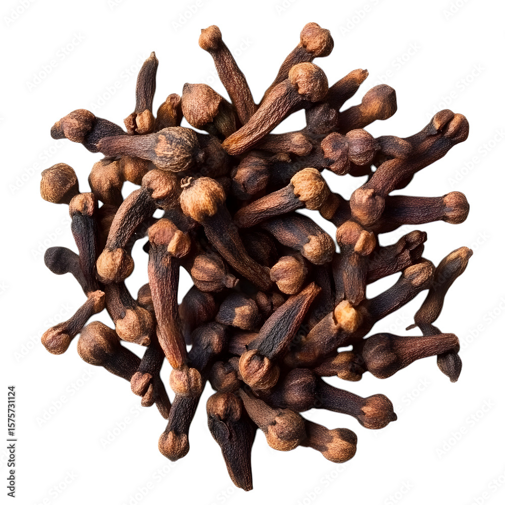 Fototapeta premium Clove buds arranged in spiral form, rich brown tone, isolated on transparent background