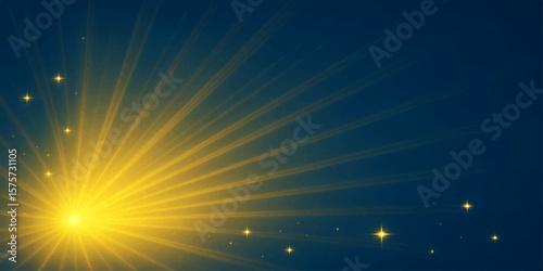 Dark blue abstract background with golden yellow glowing rays and spark light effects