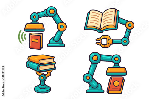 Innovative robotic arms assisting in book management and reading at a futuristic library