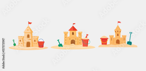 Three Sandcastles with Buckets and Spades on a Beach, Flat Vector