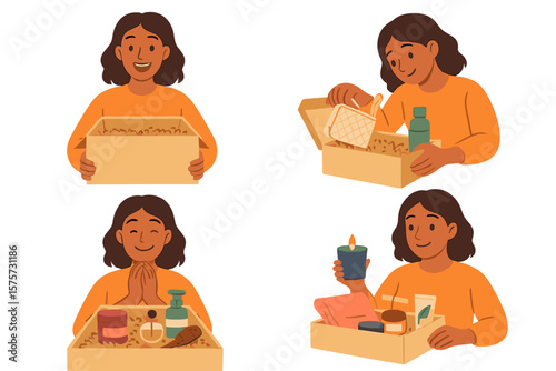 Person joyfully unpacks gifts from a box filled with wellness products at home during daytime