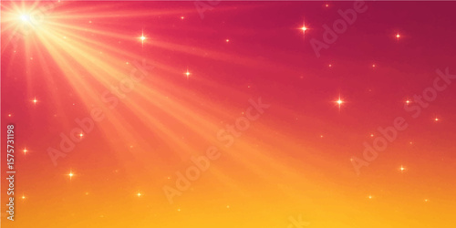 Radiant Sunset Sky: The celestial canvas ignites with a vibrant sunset, where rays of sunlight beam down from above, intertwined with shimmering stars, creating a heavenly and inspirational scene.