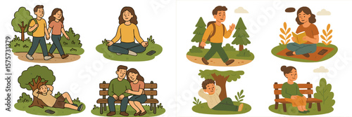 Couples enjoying nature in a park with diverse activities during daytime