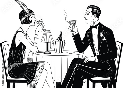 Elegant couple in twenties attire at a table with drinks and a lamp vector