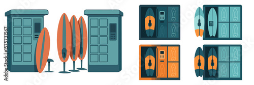 Surfboard lockers and storage area at a beach location during daytime for water sports enthusiasts