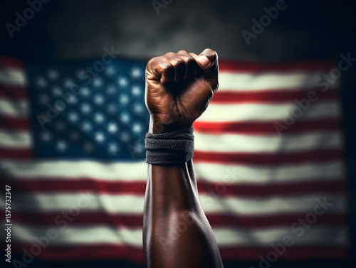 Raised fist of African American people in front of USA flag, symbolic fight gesture to protest against racism and racial discrimination, for change, justice, equality, democracy - Black Lives Matter