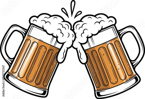 Two beer mugs clinking together with foam spilling out on a white background