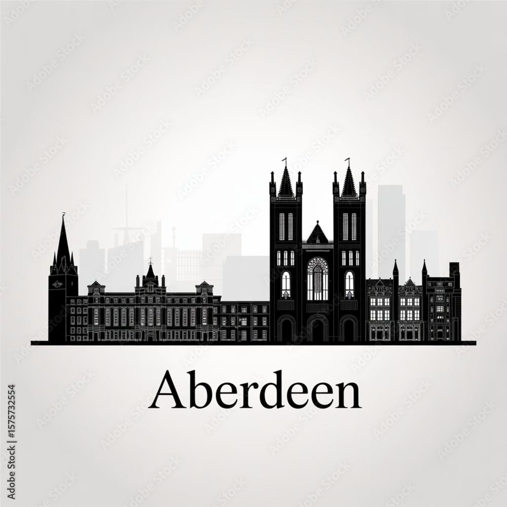 Fototapeta premium Aberdeen Skyline Silhouette — Scottish Granite Coastal City Vector Illustration
