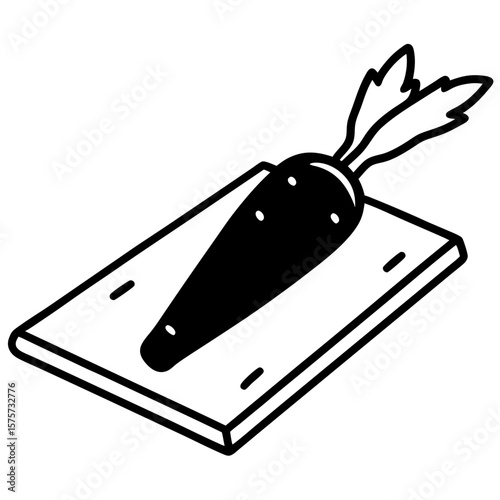 A lone carrot with its green tops still attached, lying on old parchment paper on a wooden cutting board, warm light from a nearby window, vintage kitchen elements subtly blurred in the background.