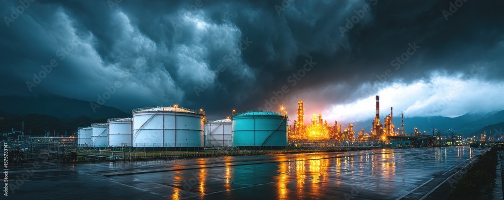 Fototapeta premium Industrial oil storage tanks under dramatic storm clouds at night with reflections