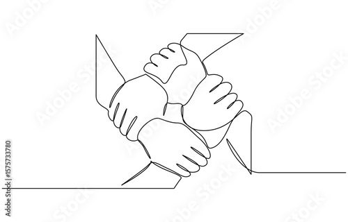 Obraz na plátně One continuous line drawing group of young male and female business people unite their hands together, People unite their hands together continuous line drawing isolated background for Teamwork