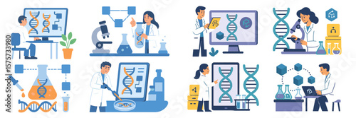 Scientists conducting biotechnology experiments in a laboratory focused on DNA research with various equipment