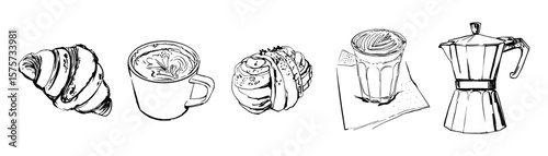 Coffee and Pastry Set – Vector Illustration black line