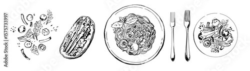 Hand drawn line food illustration vector. Pasta, bruschetta, forks, vegetable salad