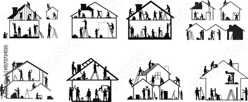 Architectural Illustrations House Construction Stages & Family Life