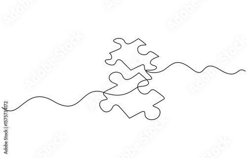 Continuous one line drawing of two puzzle pieces, Two connected puzzles line art. Jigsaw pieces continuous one line drawing. Vector isolated on white.