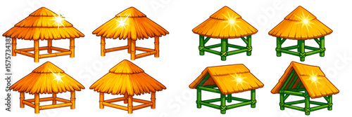 Colorful thatched huts designed for tropical settings showcase traditional architecture with a modern twist in a vibrant style