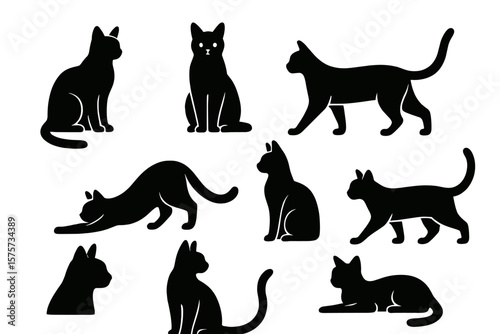 Variety of silhouettes showcasing different cat poses and movements against a plain background