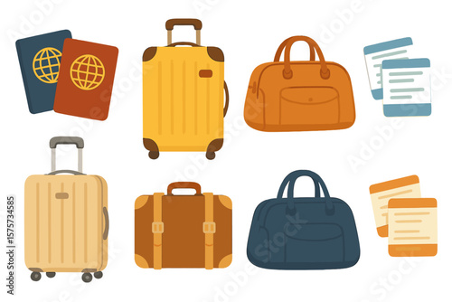 Travel essentials featuring different types of luggage, passports, and travel documents arranged creatively