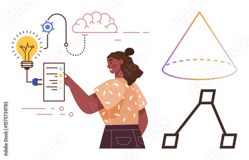 Woman pointing to a list with lightbulb, cloud, flowchart, cone geometry, and gear, symbolizing creativity, ideas, problem-solving innovation strategy education and science. Ideal for learning