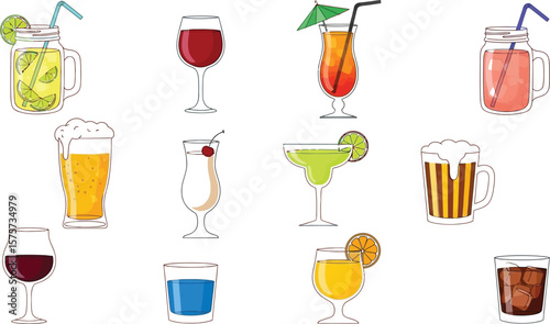 Illustration of various alcoholic and non alcoholic drinks on white background