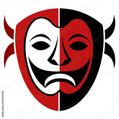 a stylized theatrical mask design split into two contrasting halves - one side in red and the other in black and white.
