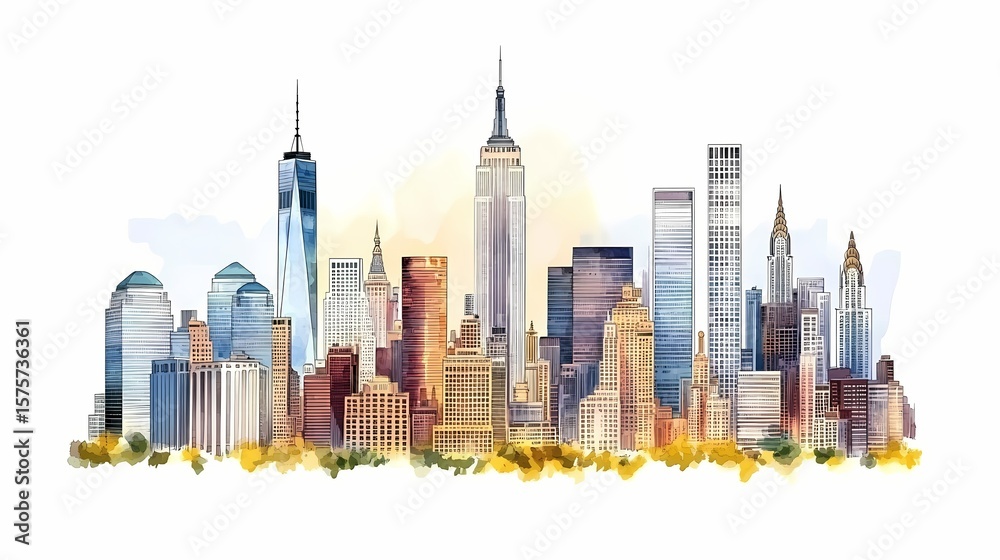 Naklejka premium Watercolor illustration of the new york city skyline.