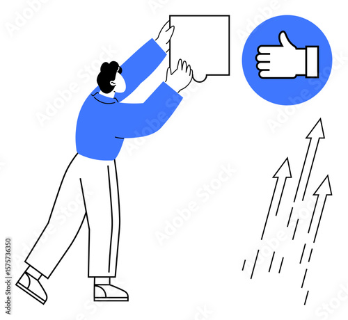Person fitting puzzle piece, thumbs-up approval icon, and rising arrows as growth concept. Ideal for teamwork, progress, success, business development, collaboration, problem-solving simple landing