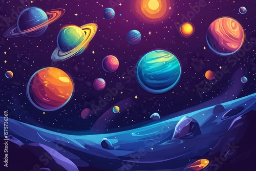 Planets in outer space with satellites, falling meteor and asteroids in dark starry sky. Galaxy, cosmos, universe futuristic fantasy view background for computer game. Cartoon vector illustration