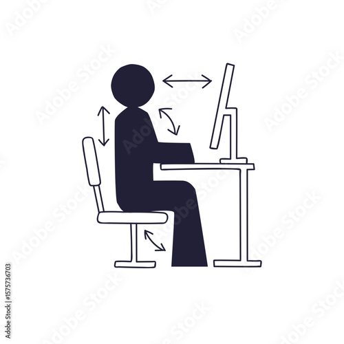 An icon of a person at a desk with arrows indicating correct ergonomic posture. It illustrates proper monitor distance, chair height, and body alignment for office health and safety.