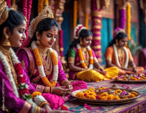 A group of women wearing traditional Indian clothing sit on a carpeted floor