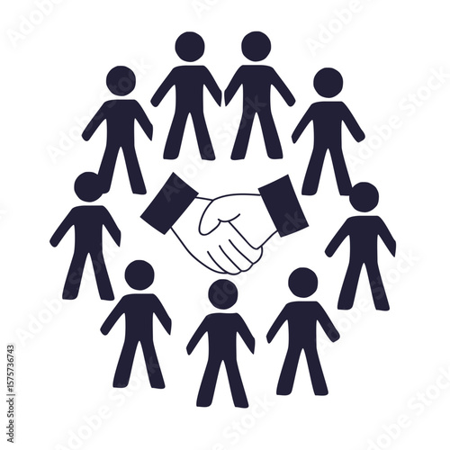 A pictogram of people in a circle holding hands around a central handshake. This icon symbolizes community, support group, teamwork, unity, and successful partnership.