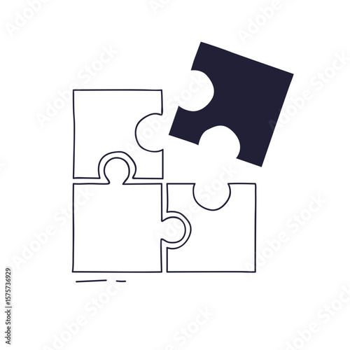 A hand-drawn illustration of puzzle pieces. A solid black piece is out of place, ready to complete the outlined puzzle. Symbolizes solutions, completion, and finding the missing link.