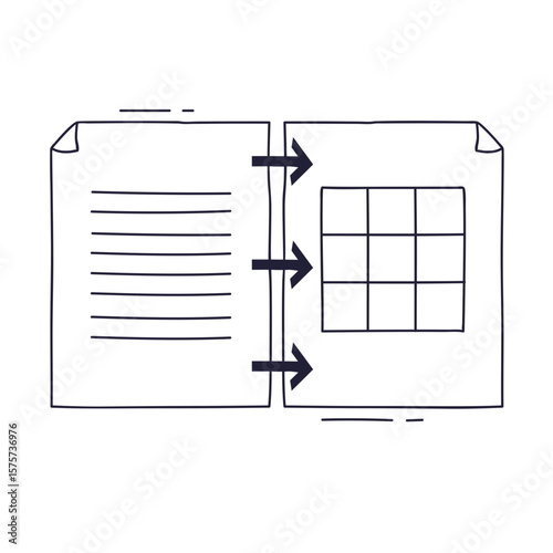 A hand-drawn icon of two documents. Arrows show the conversion of text data into a structured table, symbolizing data extraction, information processing, and data structuring.