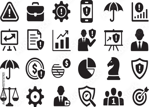 Collection of business and security icons in black and white simple design style