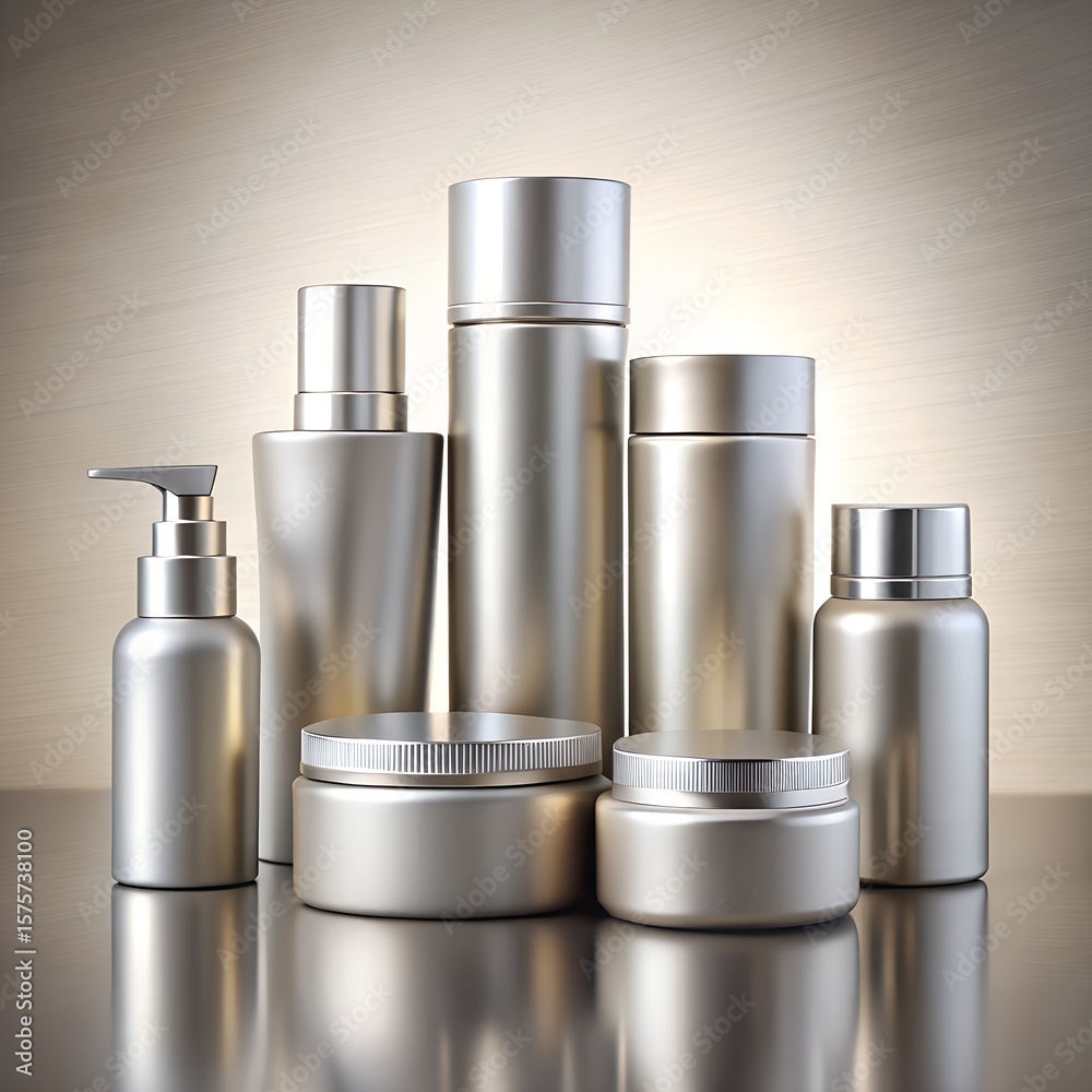 A collection of elegant silver cosmetic bottles and jars arranged on a reflective surface A collection of elegant silver cosmetic bottles and jars arranged on a reflective surface