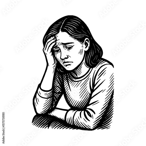 Distressed Woman Holding Head in Hand Depicting Sadness Stress and Worry Black and White Outline Line Art Drawing