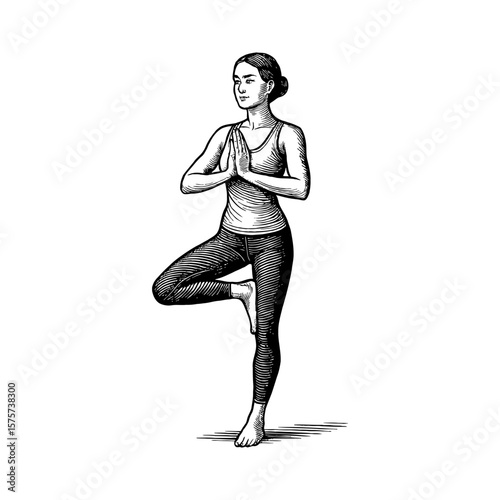Healthy Woman Practicing Yoga Tree Pose Meditation Exercise in Black and White Outline Line Art Drawing Style