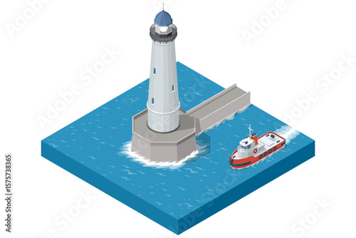 An Isometric illustration of a tall, modern lighthouse connected by a bridge to a pilot boat navigating the surrounding blue water, symbolizing maritime guidance