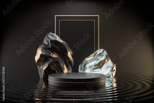 Luxury black podium with abstract gold and ice formations on rippling water