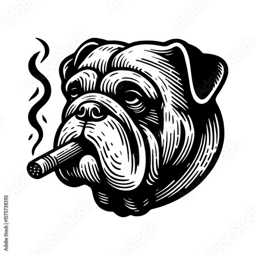 Bulldog Head Smoking Cigar with Smoke Black and White Outline Line Art Drawing Vintage Style
